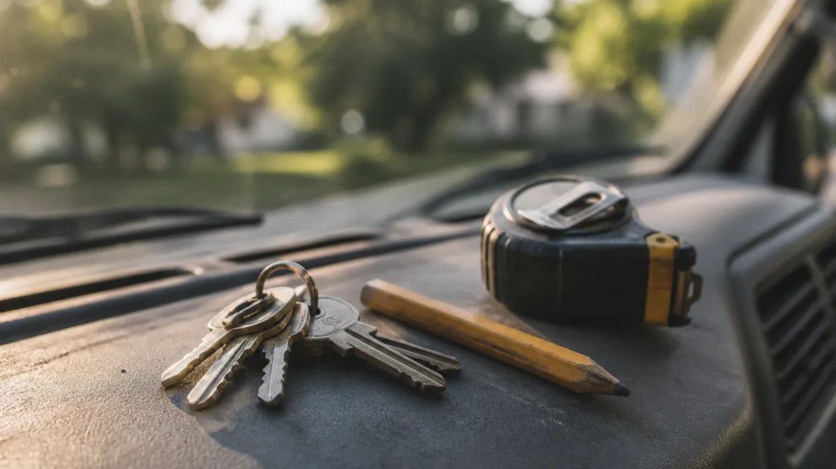 Keys, a tape measure and a carpenter's pencil resting on a dusty van dashboard in late afternoon sun.