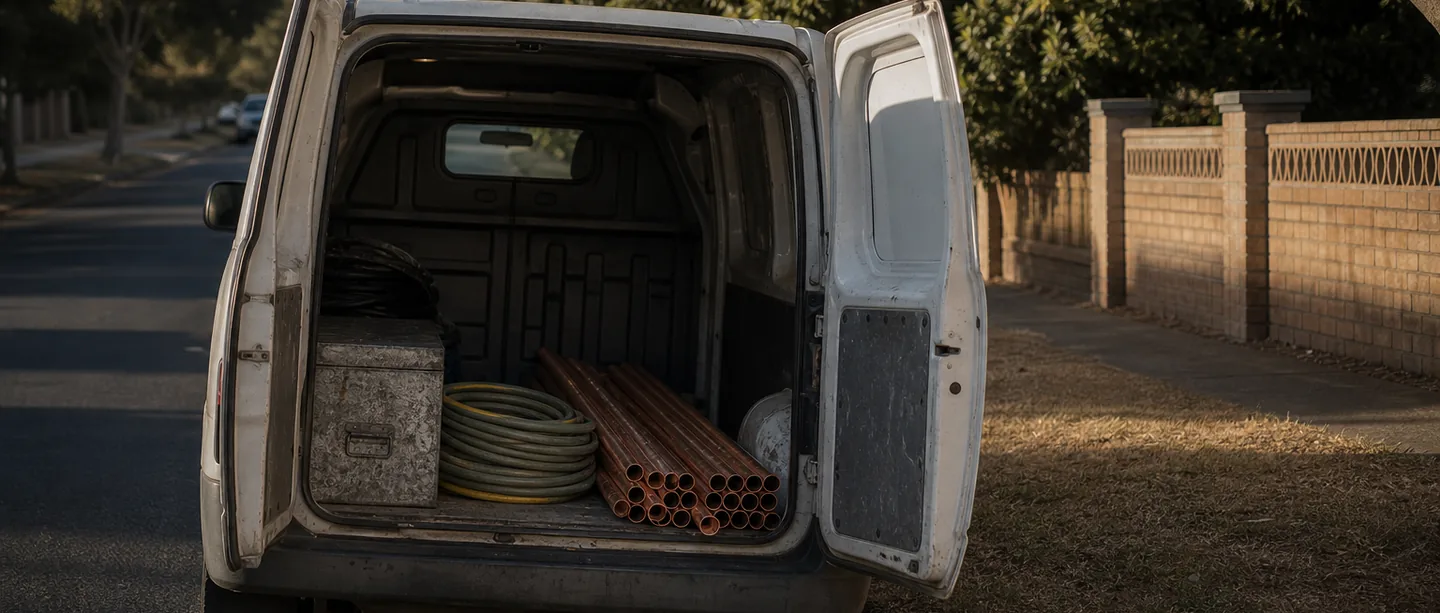 The open rear doors of a plain work van at a suburban kerb in late afternoon light, loaded with copper pipe, a coiled hose and a metal toolbox.